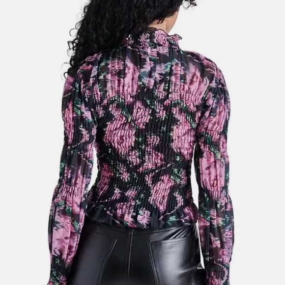 Steve Madden Pink and Black Floral Smocked Ruffle Neck Blouse - Picture 3 of 8